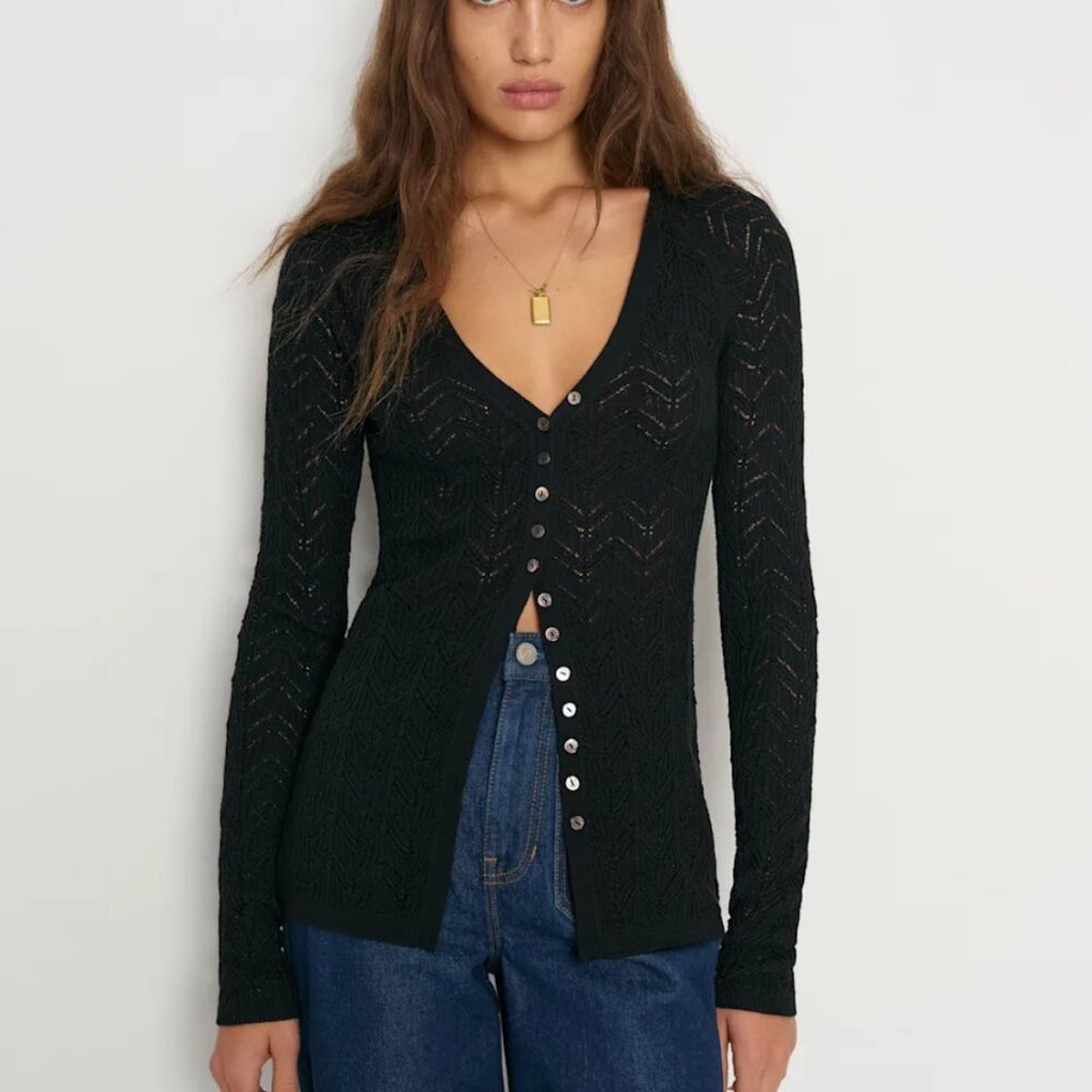 Reformation Sutton Regenerative Merino Open Knit Sweater Black
